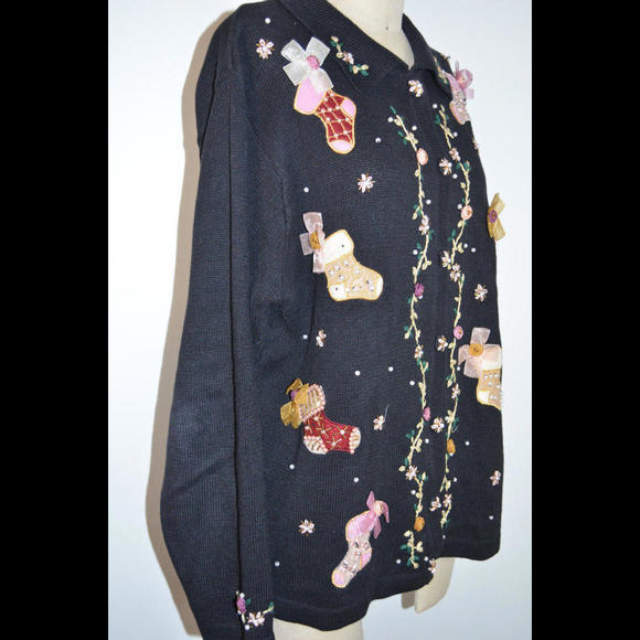 BP Design Black Sweater w/Stockings Ribbons Pearls Christmas Holiday Women's XL - Picture 2 of 5
